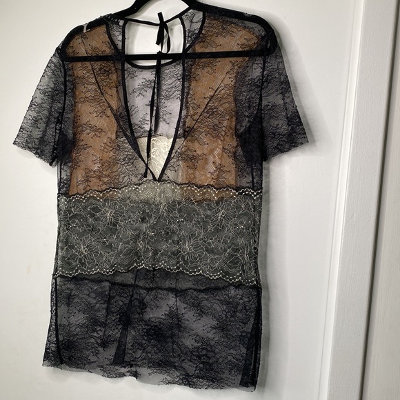 Sandro Paris  Lace Shirt  Sue Color block Panel Blouse  Tan Black - Picture 5 of 5